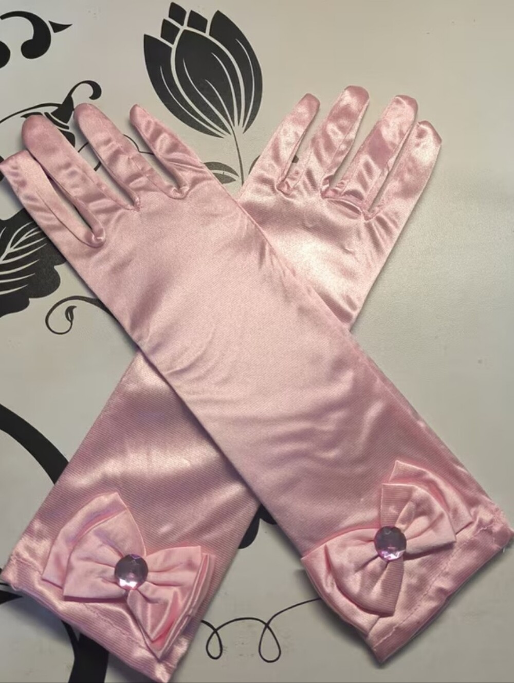 11.5" Baby Pink Satin Gloves W/Bow & Pink Faceted Gem Stone At The Wrist (NWT)🩷